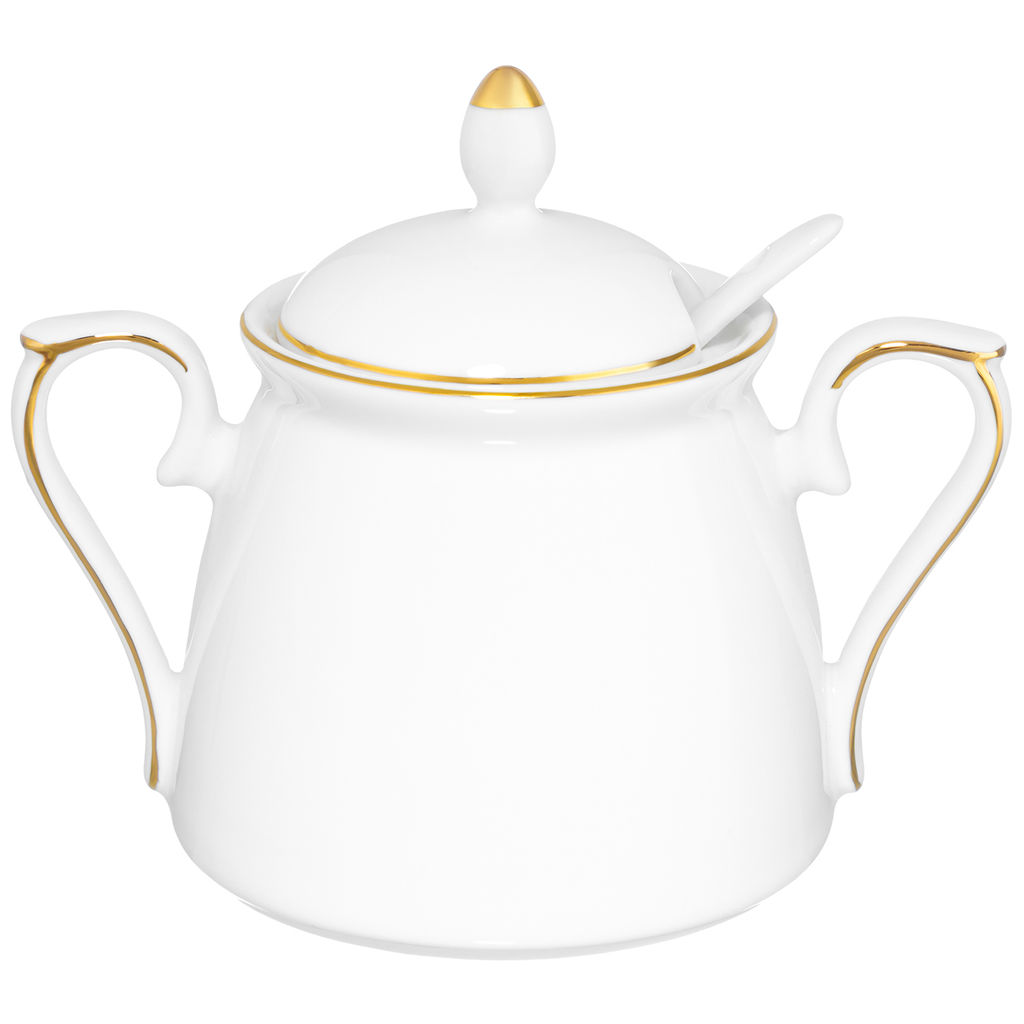 Сахарница 400 мл 15*10*11,5 см "Белая с золотом" с ложкой, фарфор NEW BONE CHINA