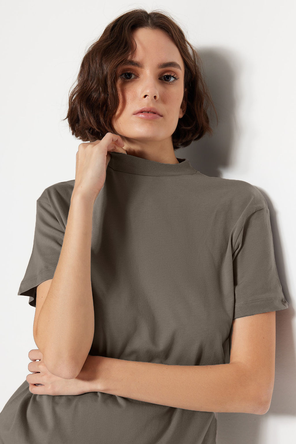 Yag Yesili-Gri 2li Paket %100 Pamuk Basic Dik Yaka Orme T-Shirt TWOSS20TS1500