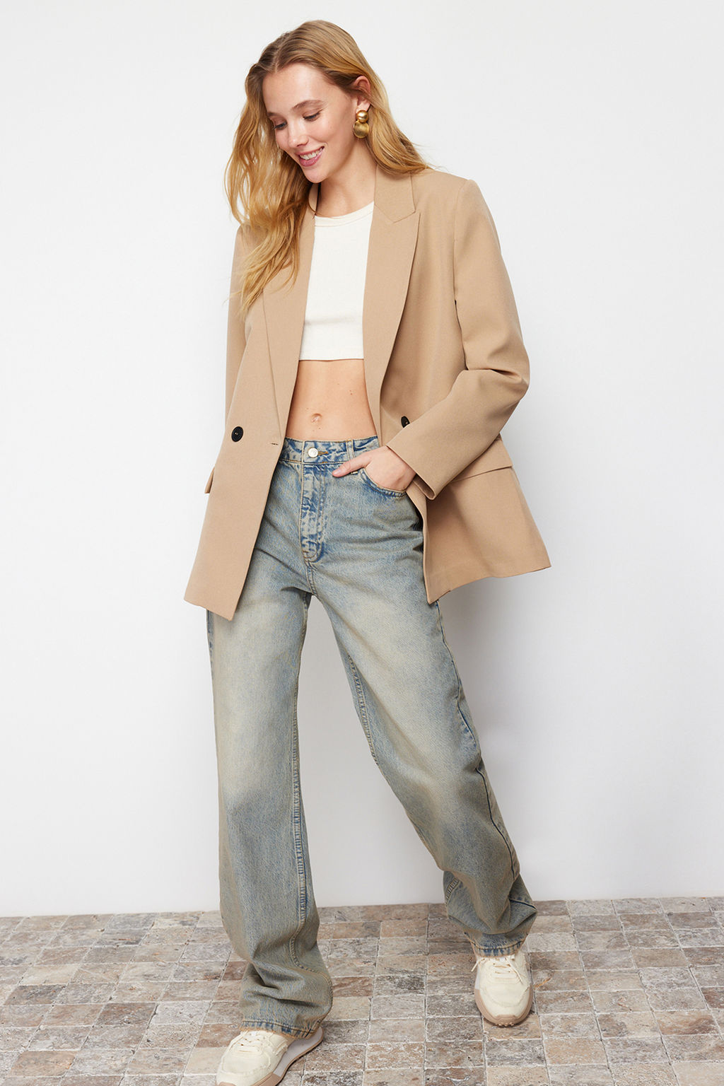 Camel Oversize Duz Kesim Basic Kruvaze Dokuma Blazer Ceket TWOSS24BC00028