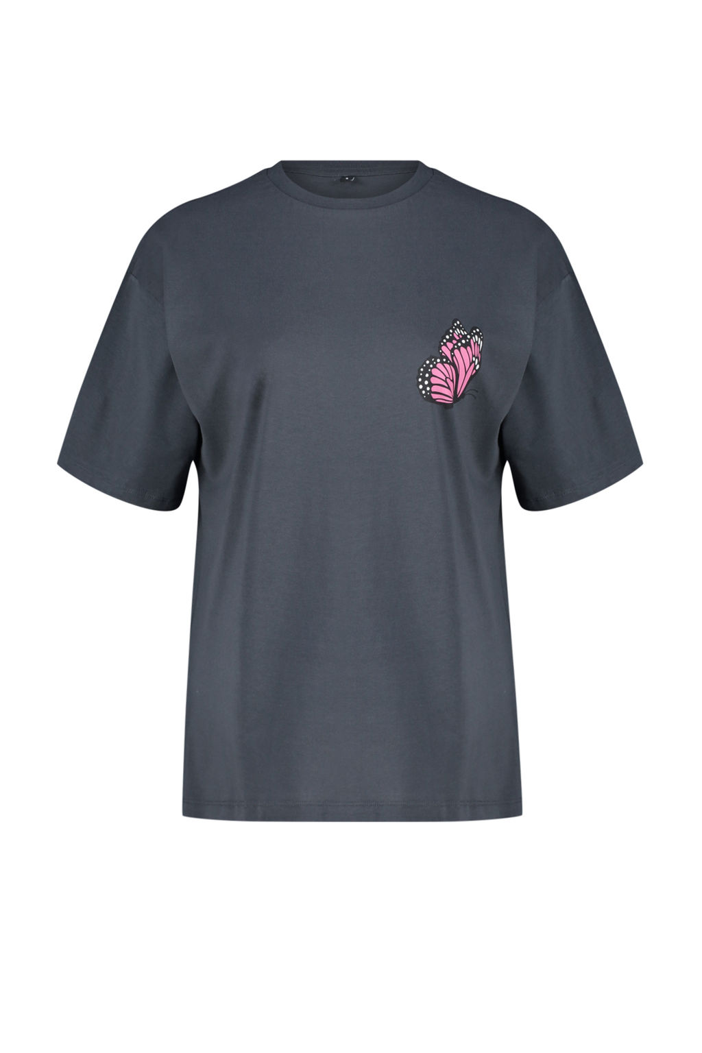 Antrasit On ve Arka Bask?l? Oversize/Genis Kal?p Bisiklet Yaka Orme T-Shirt TWOSS24TS00119