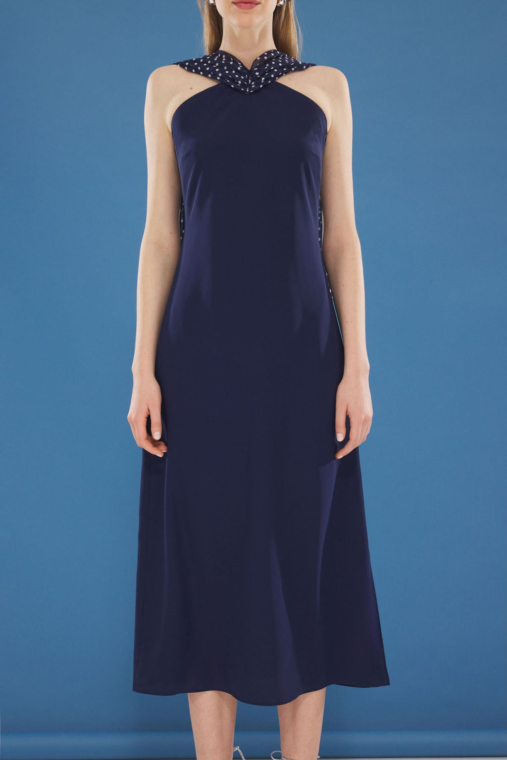 Lacivert Puantiyeli A Kesim Yakas? Fularl? Maxi Dokuma Elbise TWOSS25EL00290 - Trendyolmilla фото 3