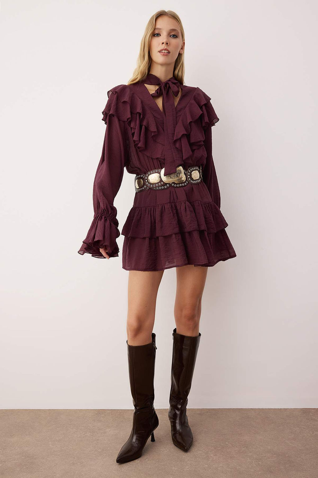 Bordo F?rf?r Detayl? Boho K?sa / Mini Dokuma Elbise TWOAW26EL00309