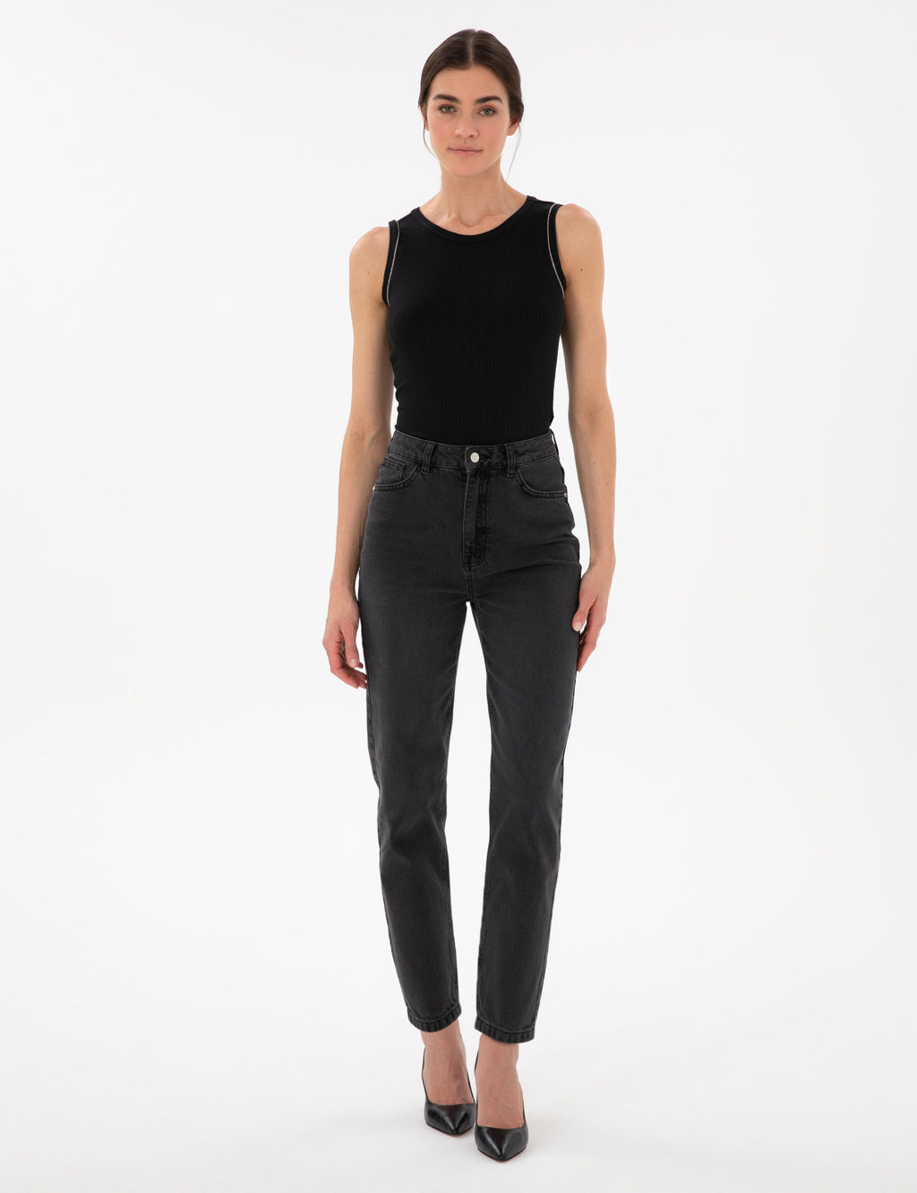 Antrasit Mom High Waist Fit Jean Pantolon