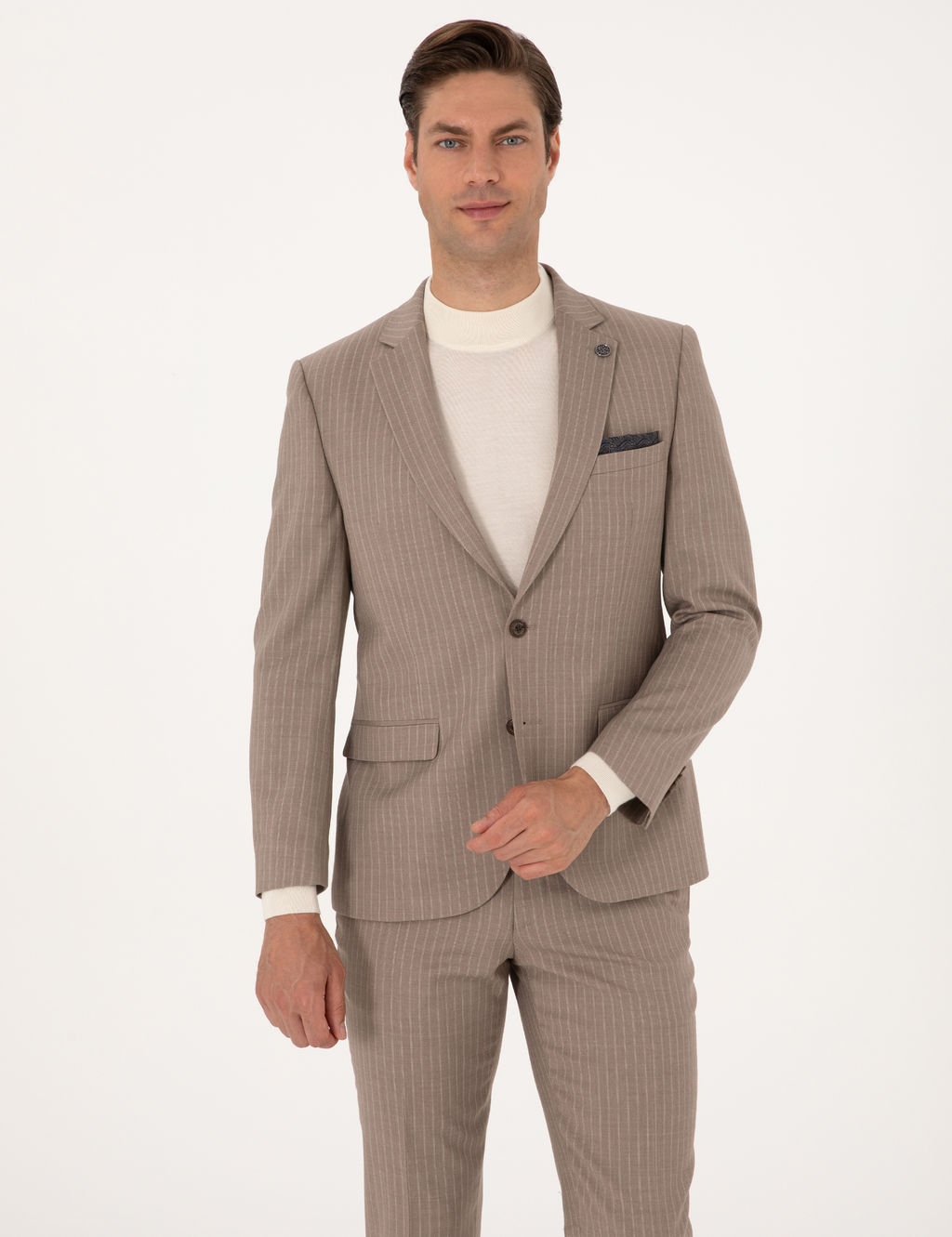 Bej Extra Slim Fit Y_n Kar___ml_ _izgili Tak_m Elbise