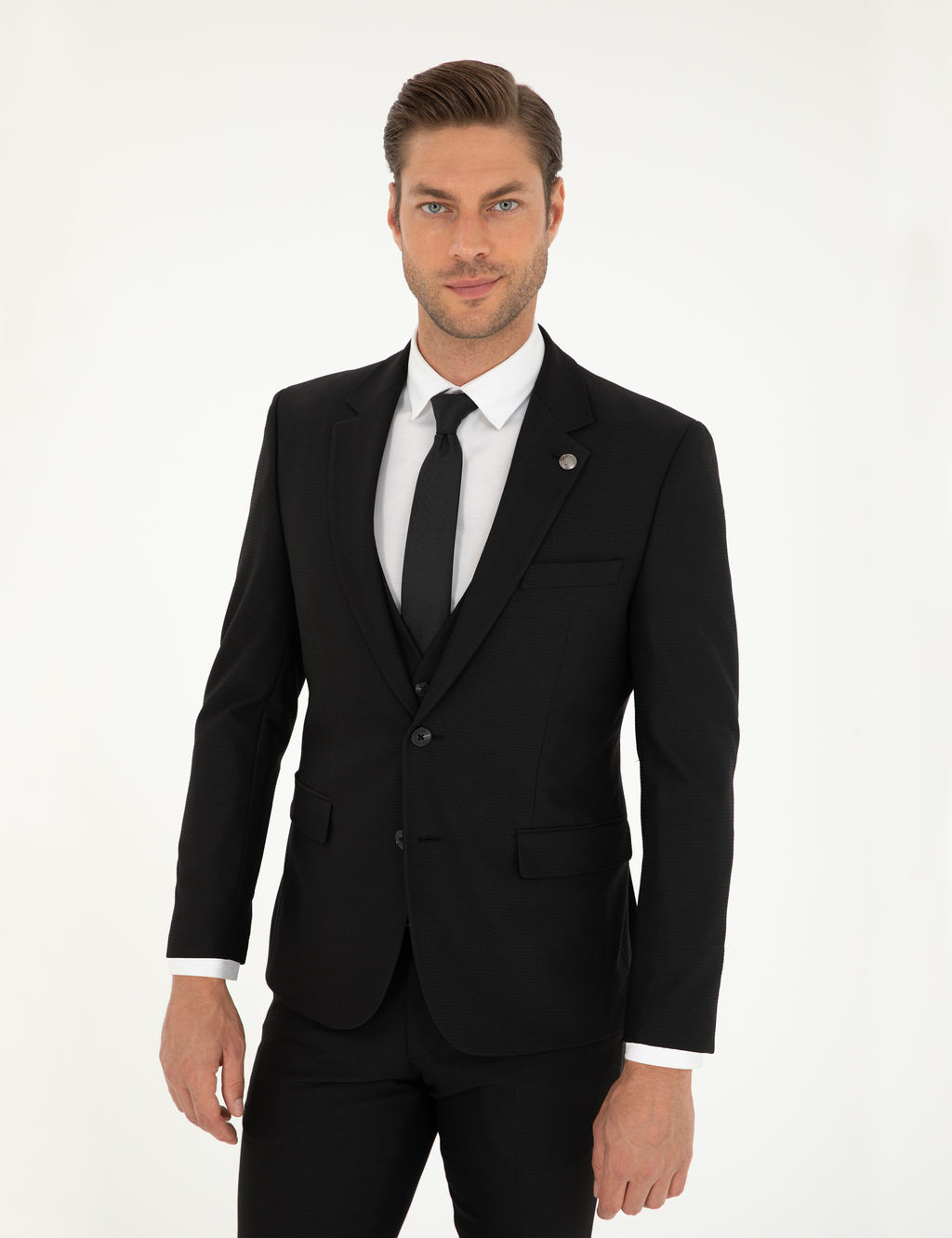 Siyah Slim Fit Yelekli Tak_m Elbise