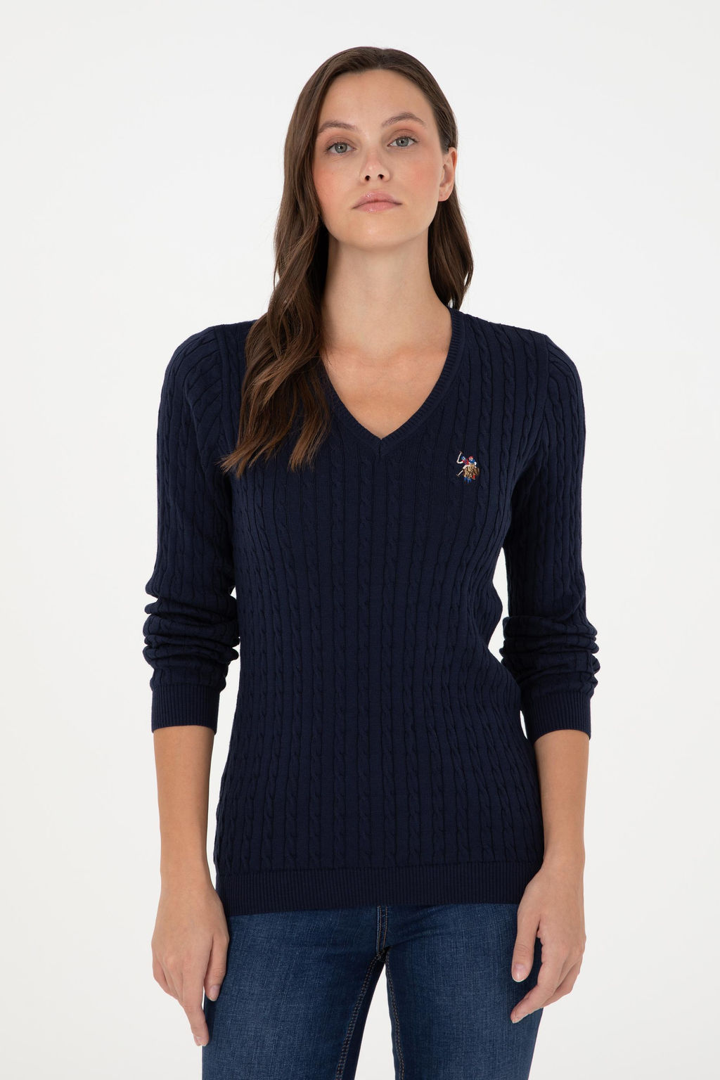 Женский темно-синий базовый свитер с v-образным вырезом Неожиданная скидка в корзине - U.s. polo assn фото 3