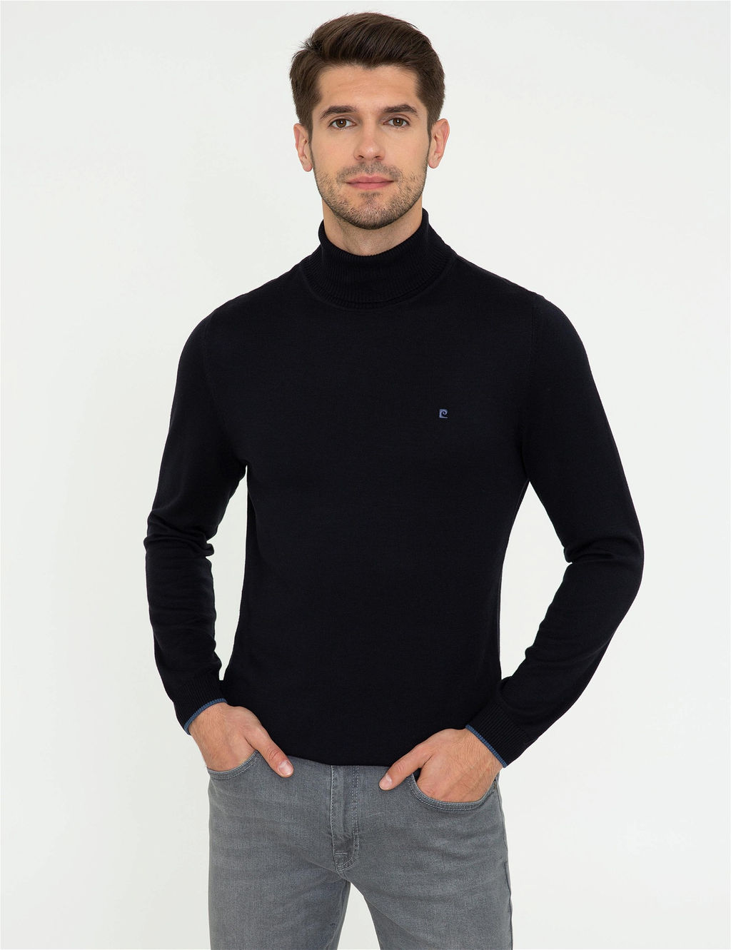 Lacivert Slim Fit Bal_k__ Yaka Basic Triko Kazak