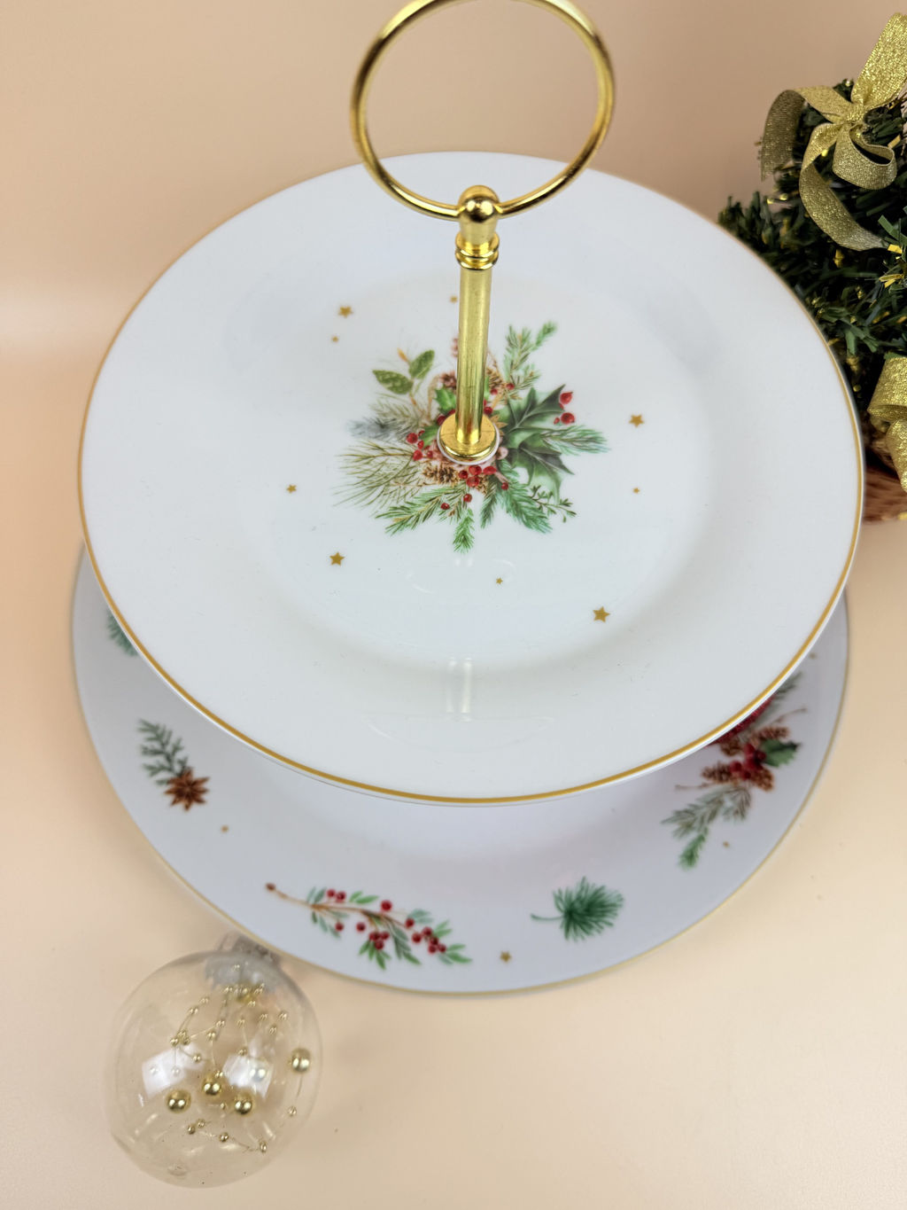 Блюдо 2-х ярусное для торта 27/19см круглое Новогоднее чудо 14354,,