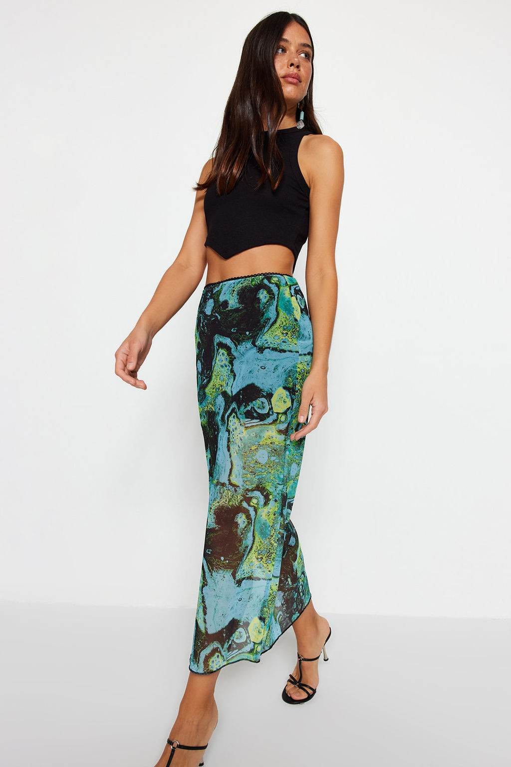 TRENDYOLMILLA Turuncu Desenli Maxi Boy Dantel Detayl? Tul Esnek Orme Etek TWOSS23ET00369  фото 9