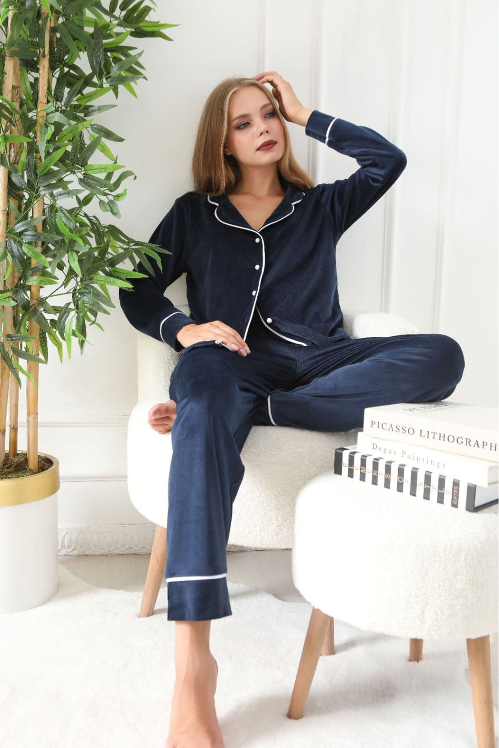 Lacivert Biye Detayl? Kadife Orme Pijama Tak?m? THMAW25PT00237 - Trendyolmilla фото 2