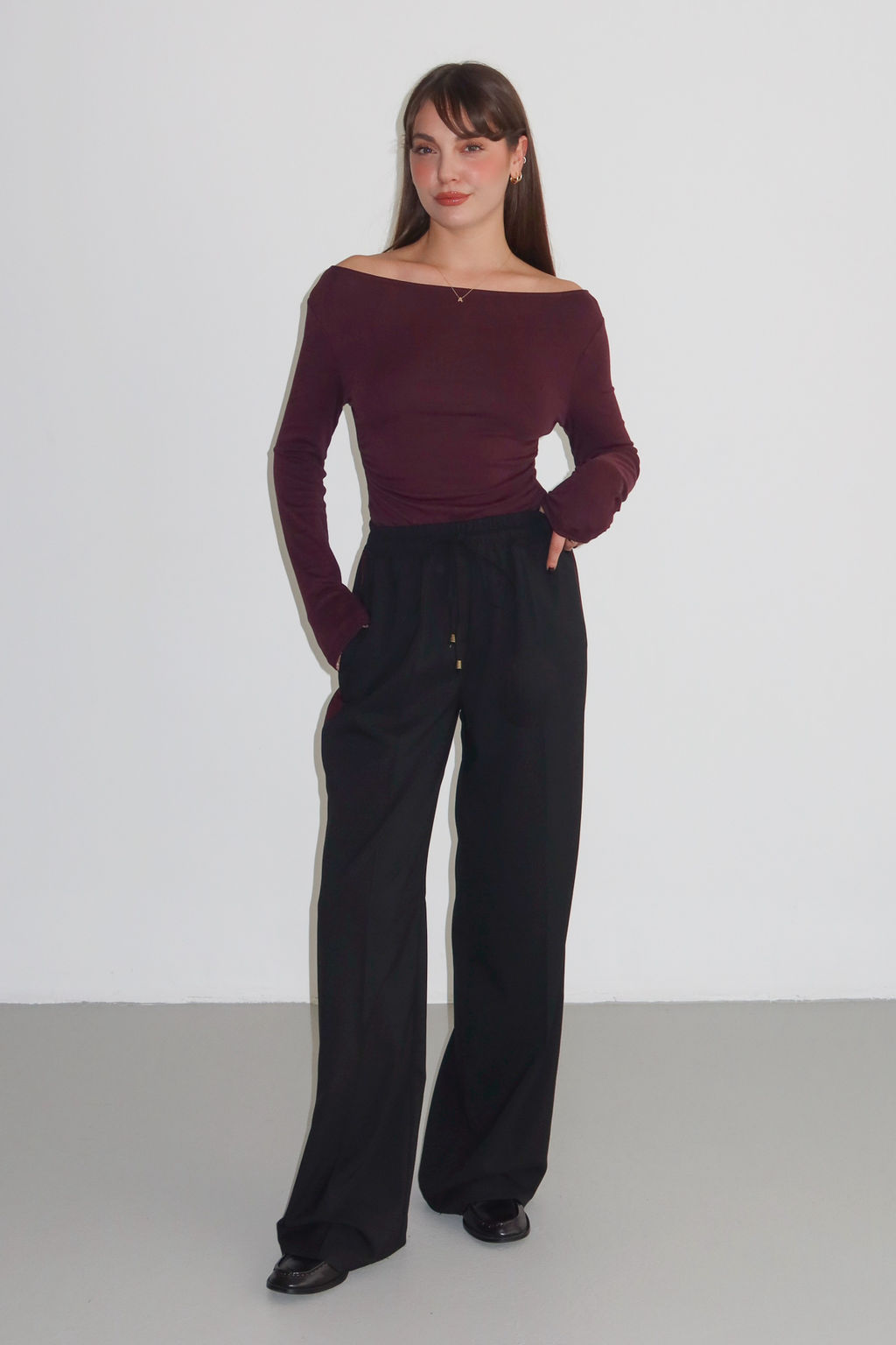 Siyah Bordo Cizgili Beli Lastikli Wideleg/Genis Paca Dokuma Pantolon TWOAW26PL00174 - Trendyolmilla фото 2