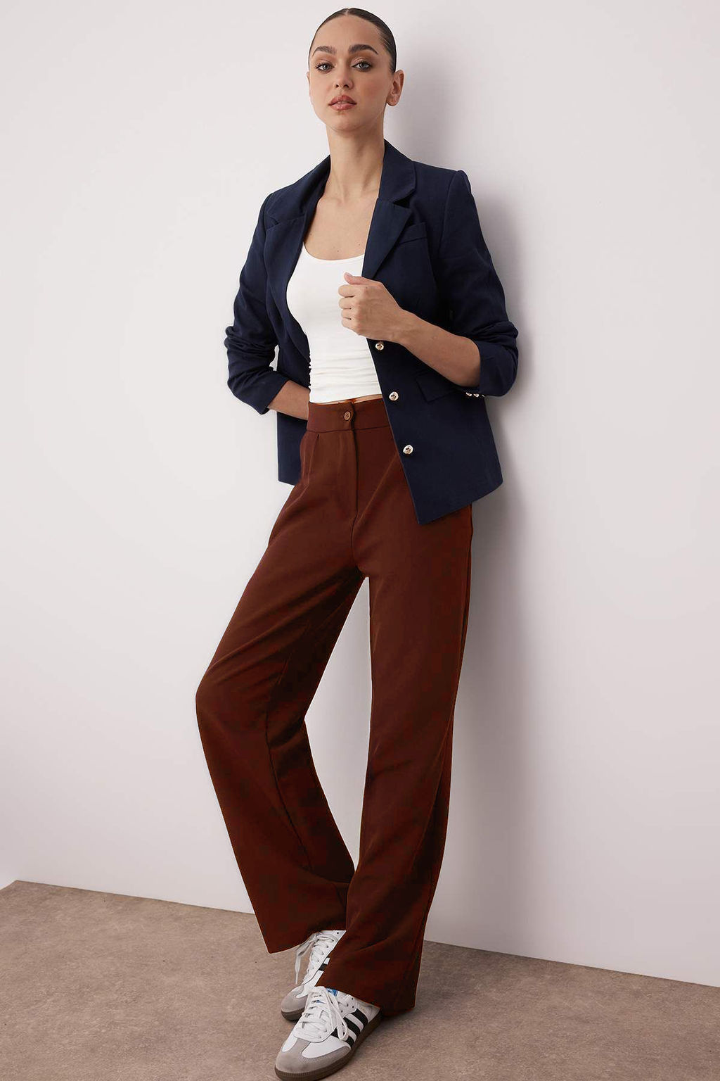 Kahverengi Wide Leg/Genis Paca Dokuma Kumas Pantolon TWOAW22PL0139