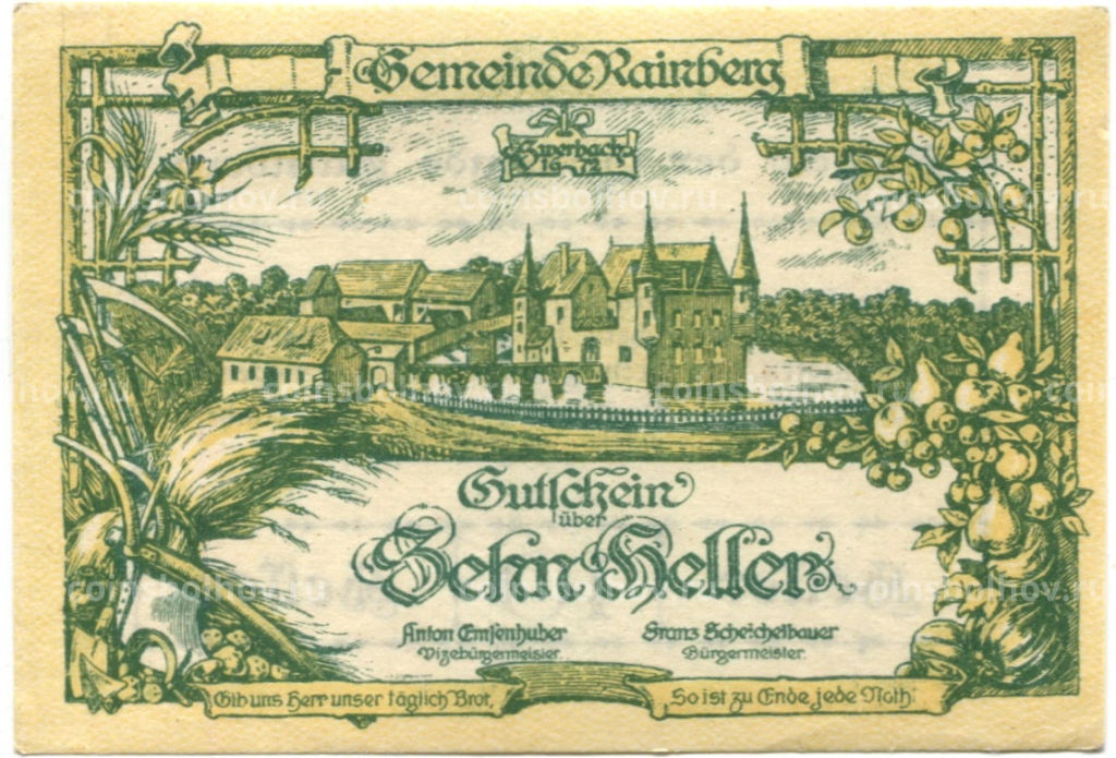 10 геллеров 1920 года Австрия  Райнсберг (нотгельд)