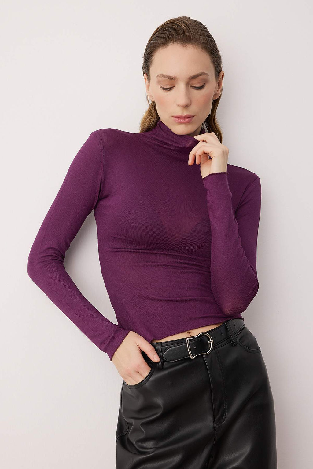 Mor Transparan Dik Yaka Esnek Normal Boy Orme Bluz TWOAW26BZ00266