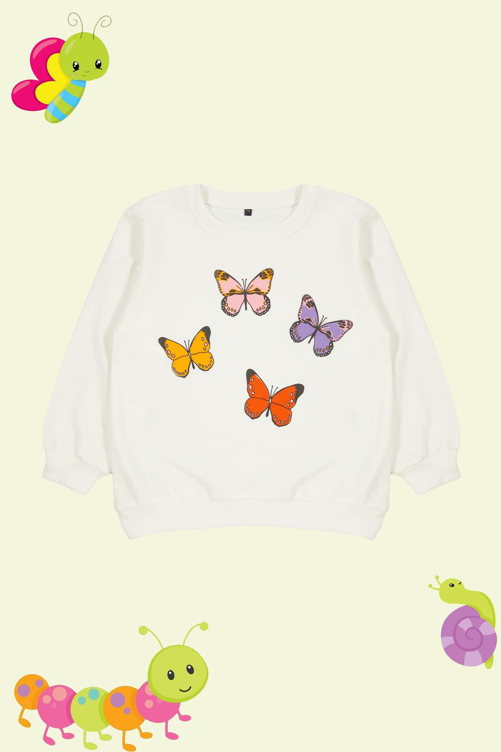 Ekru*003 K?z Cocuk Mevsimlik-Ince Kelebek Desenli Bisiklet Yaka Orme Sweatshirt TKDAW25SW00001