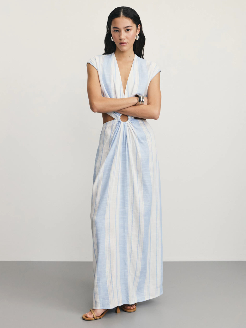 Платье из вискозы и льна в полоску / Zarina  фото 7