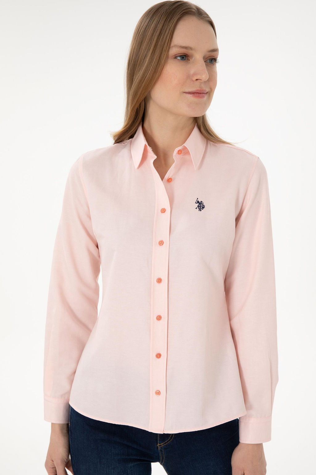 Женская базовая рубашка лососевого цвета с длинным рукавом Неожиданная скидка в корзине - U.s. polo assn фото 10