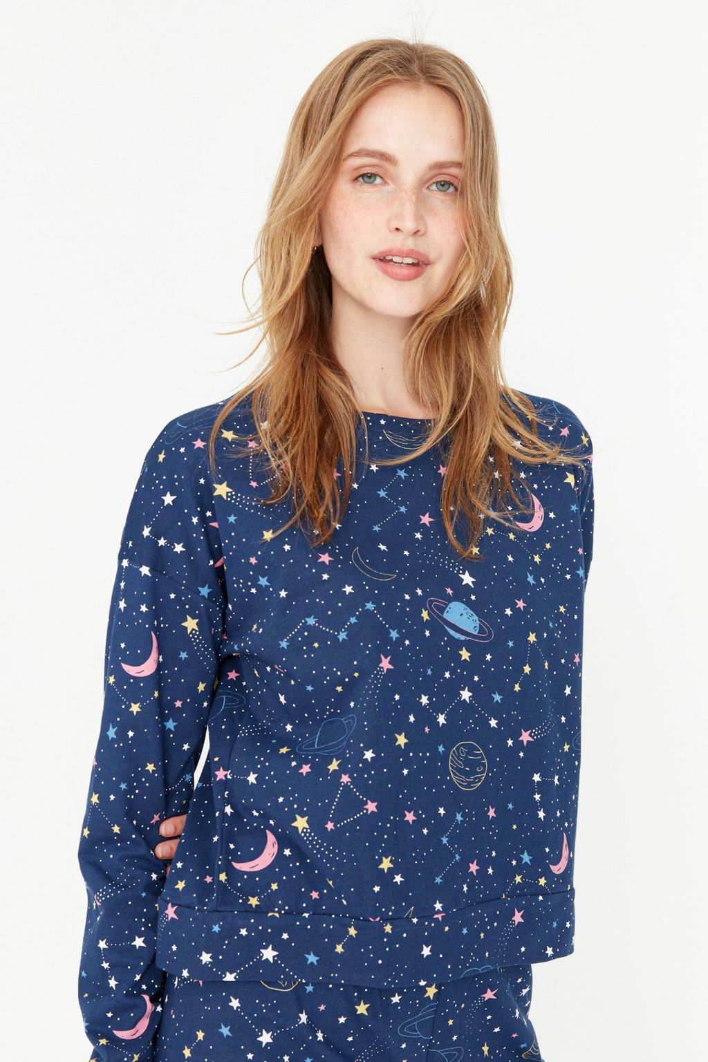 Trendyolmilla Lacivert %100 Pamuklu Galaksi Desenli Orme Pijama Tak?m? THMAW21PT0794  фото 7