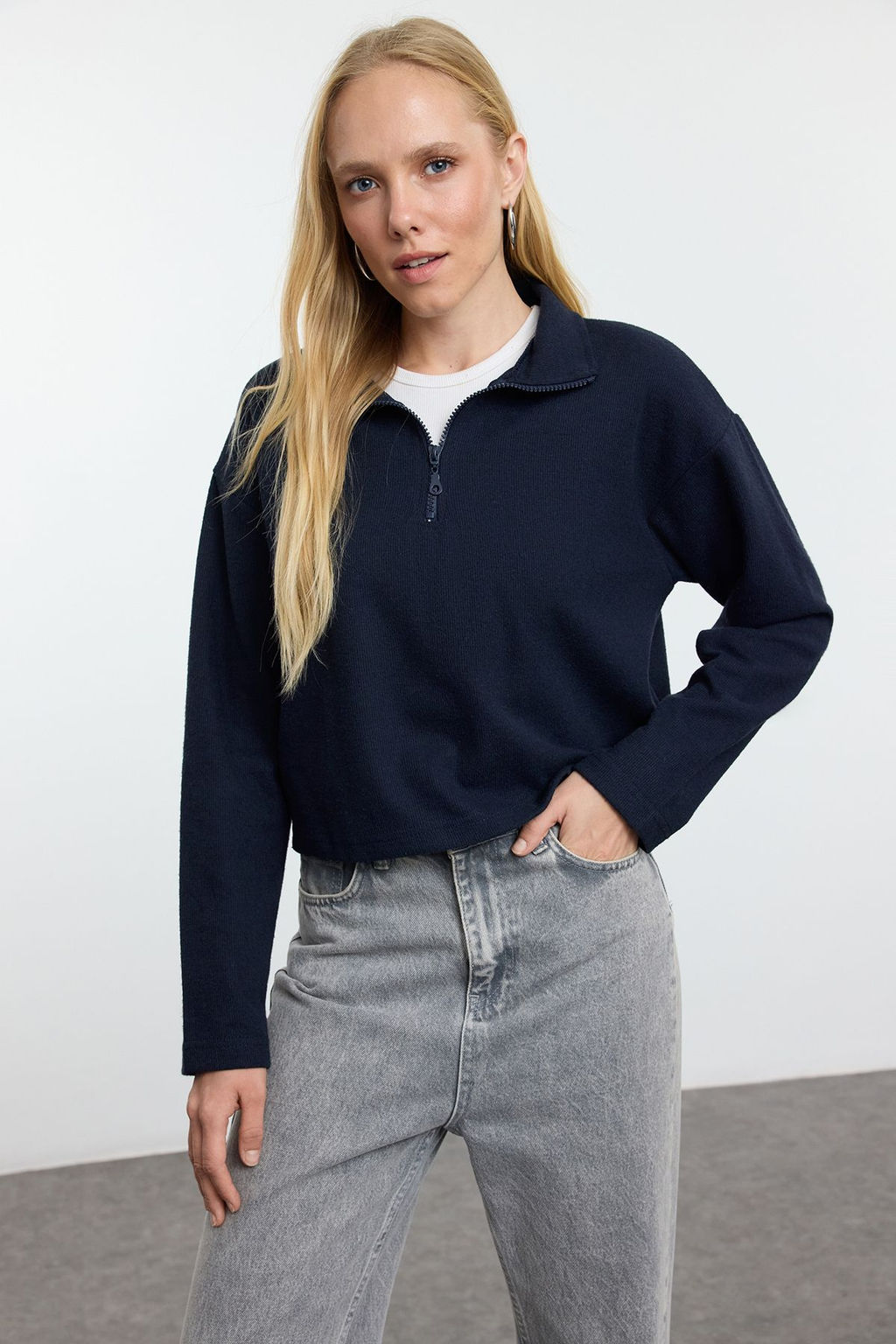 TRENDYOLMILLA Lacivert-Gri 2Li Paket Selanik Regular/Normal Kal?p Fermuarl? Yaka Orme Sweatshirt TWOAW25SW00120  фото 4