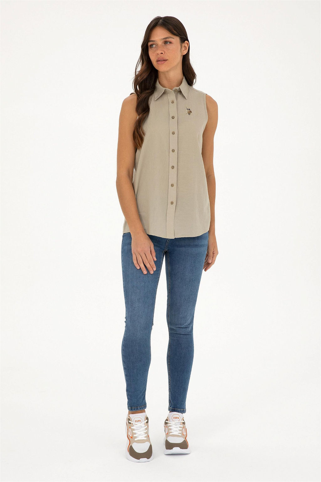 U. S. Polo Assn / Женская льняная рубашка светло-хаки с коротким рукавом - U.s. polo assn фото 4
