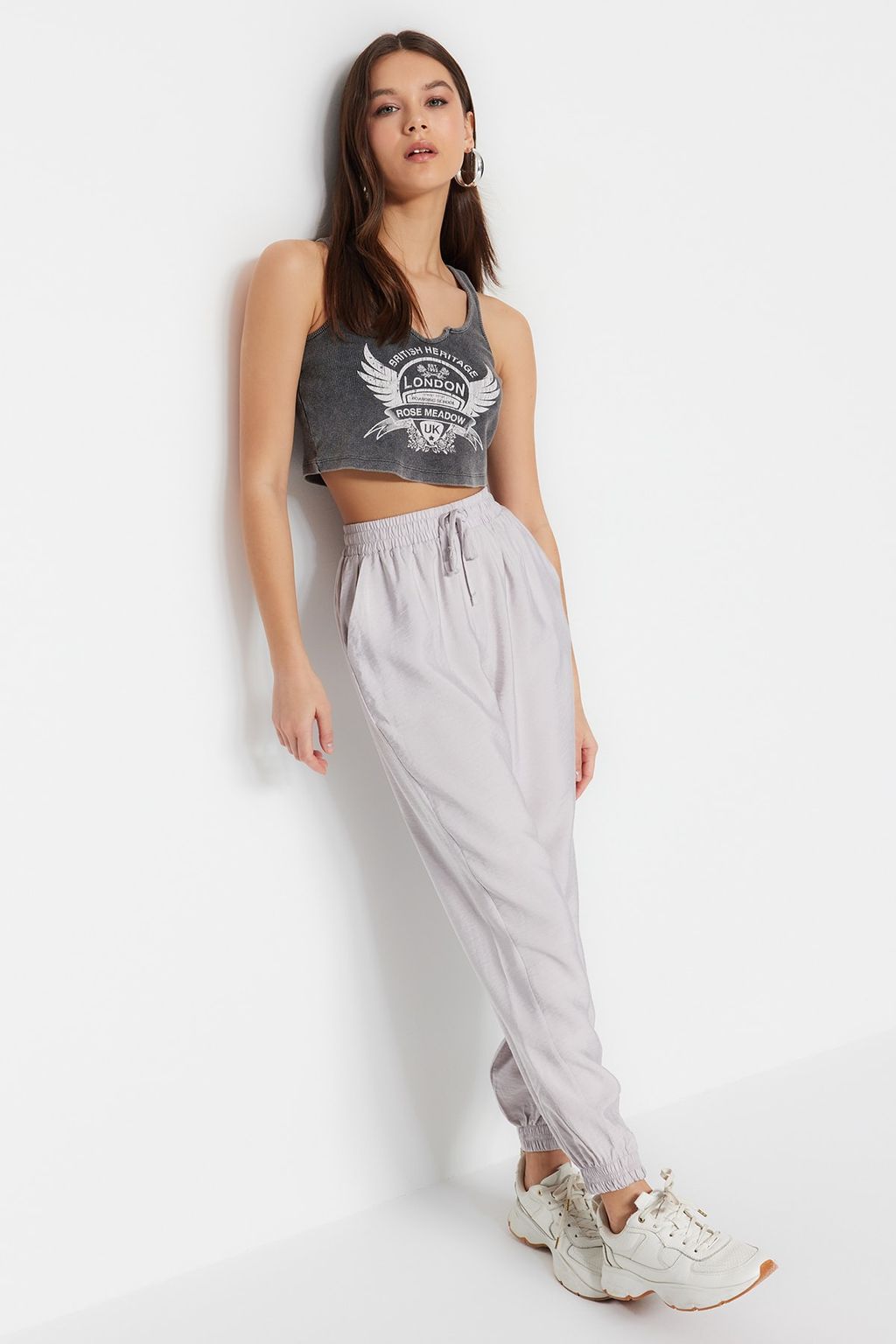 Gri Jogger Beli Lastikli Cepli Dokuma Pantolon TWOSS20PL0129