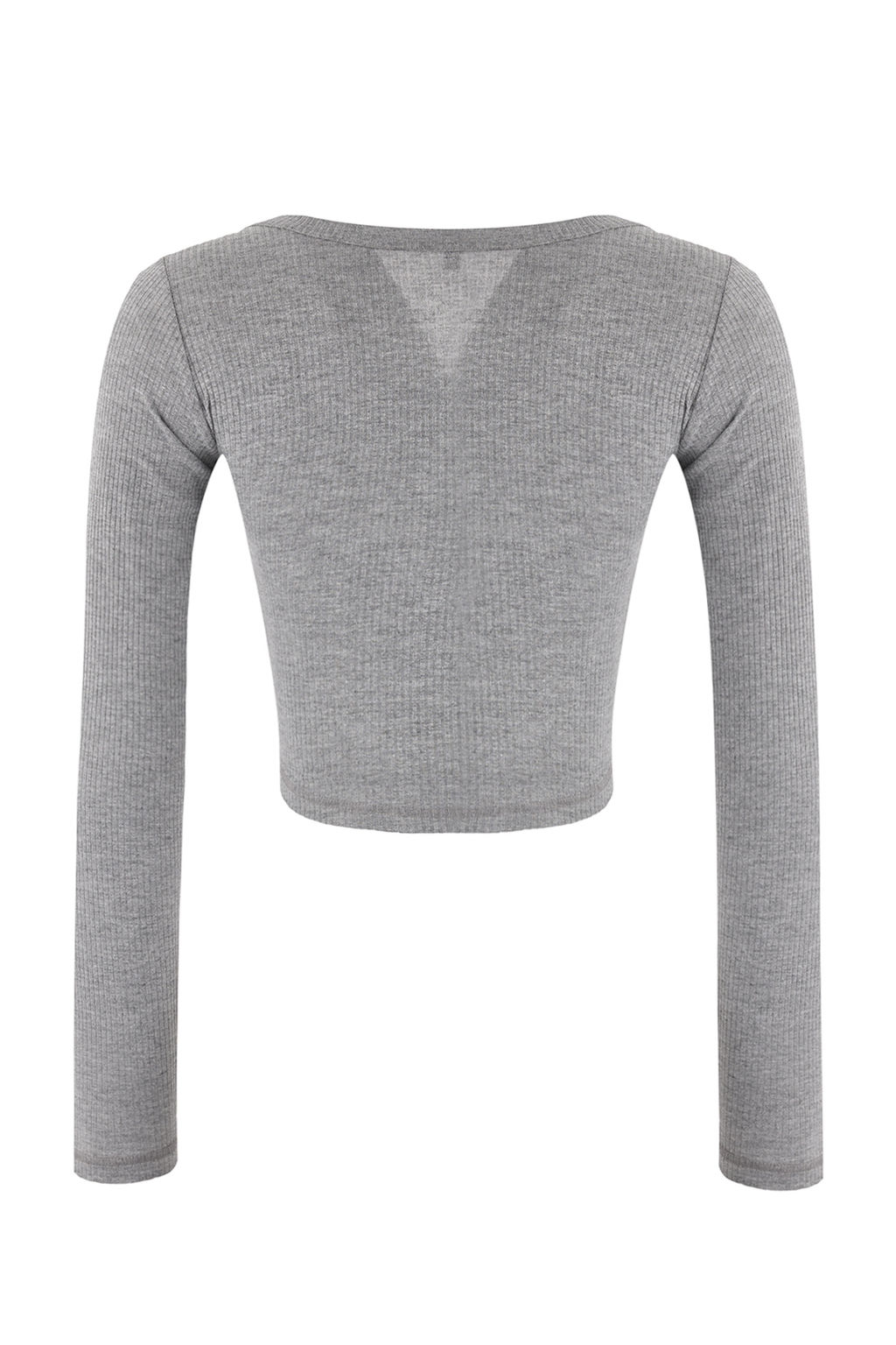 Gri Melanj Fitted/Vucuda Oturan V Yaka C?tc?tl? Crop Yumusak Orme Bluz TWOSS26BZ00056