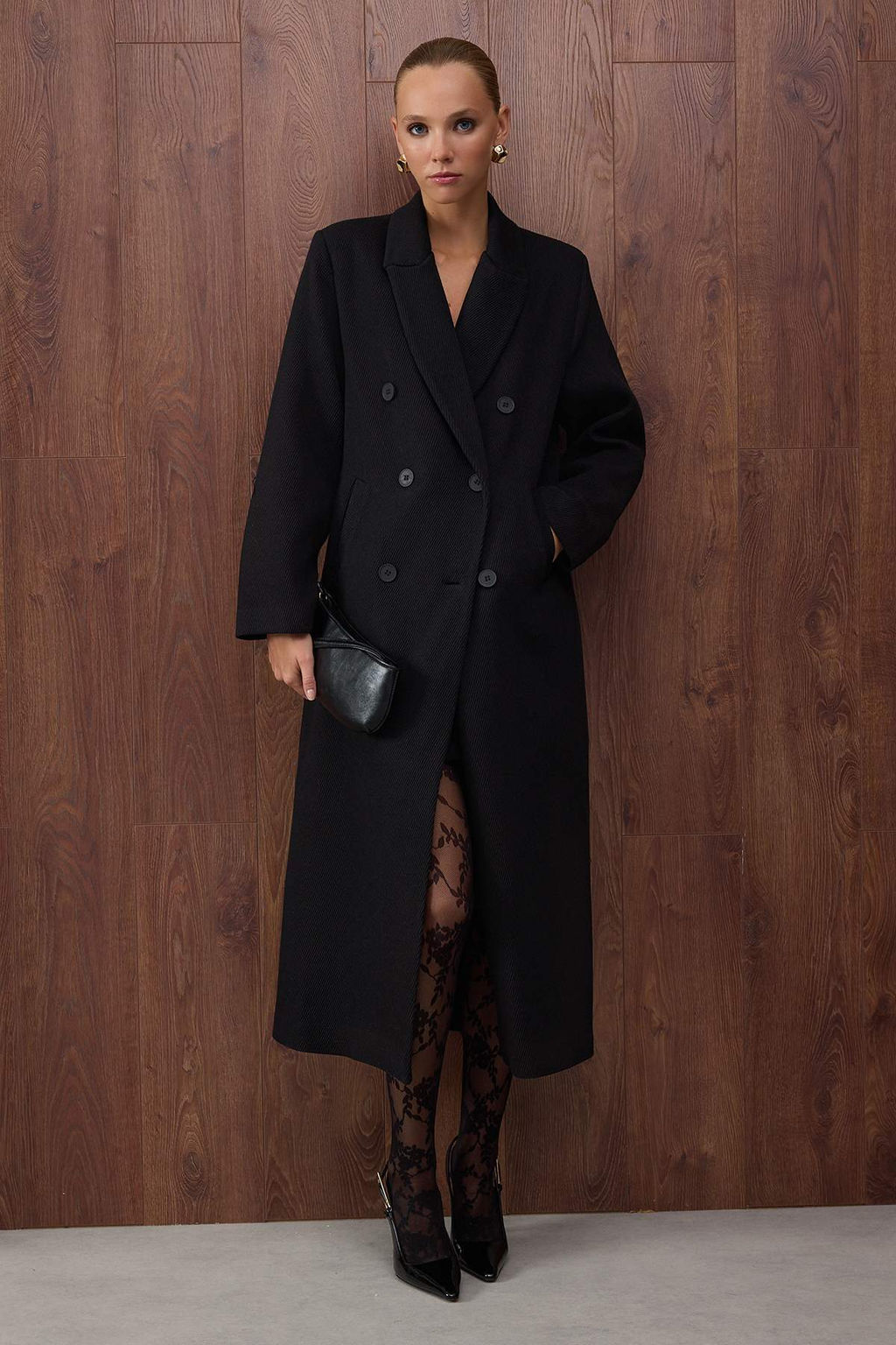 Ozel Koleksiyon Siyah Diagonel Kruvaze Oversize Maxi Kaban TWOAW26KB00045 - Trendyolmilla фото 2