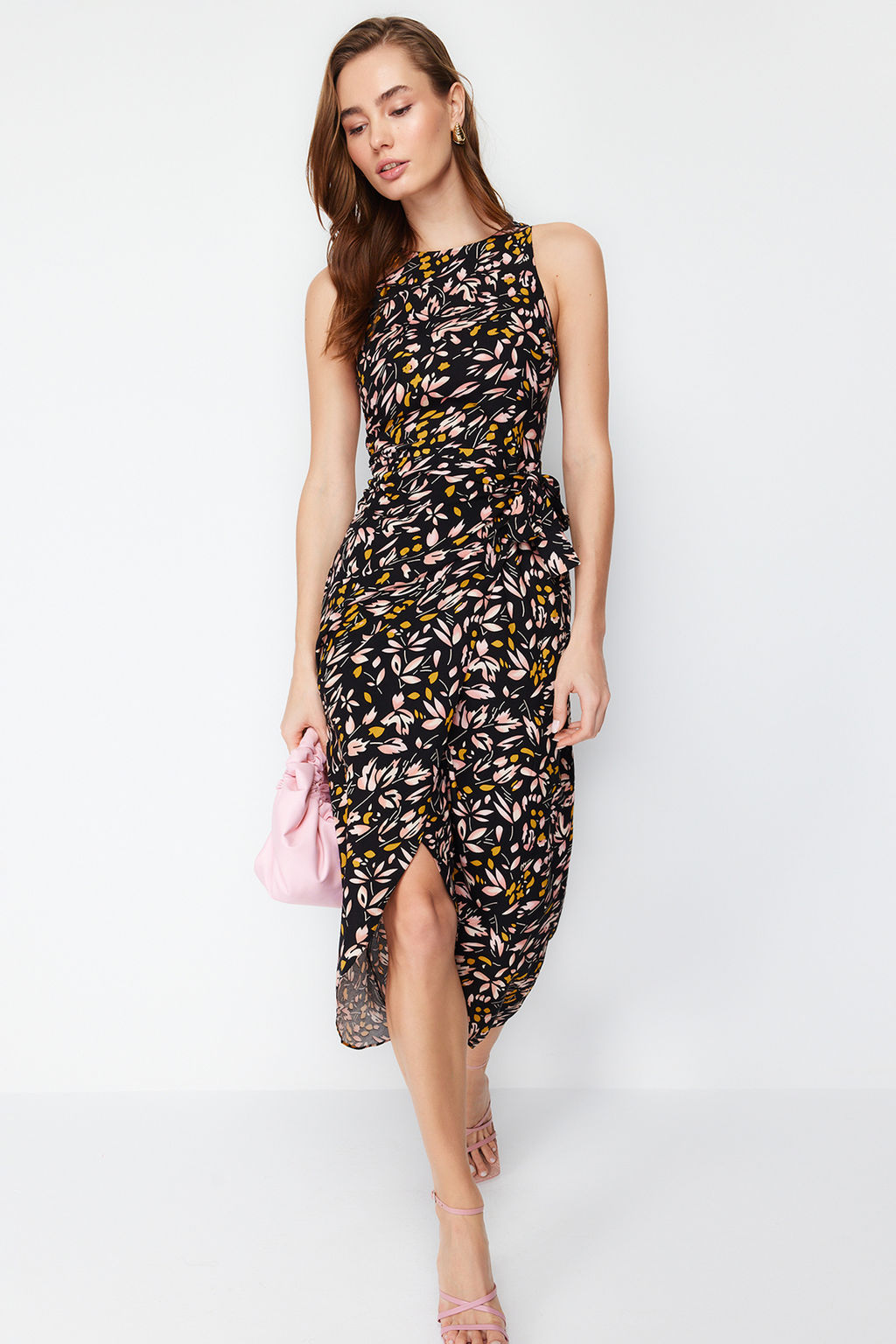 Siyah Cicekli Baglama Detayl? A-line Midi Dokuma Elbise TWOSS24EL00458