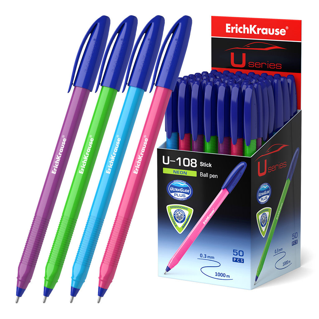 Цена за 50 шт. Ручка шариковая ErichKrause U-108 Stick Neon 1.0, Ultra Glide Technology, цвет чернил синий (в коробке по 50 шт.)