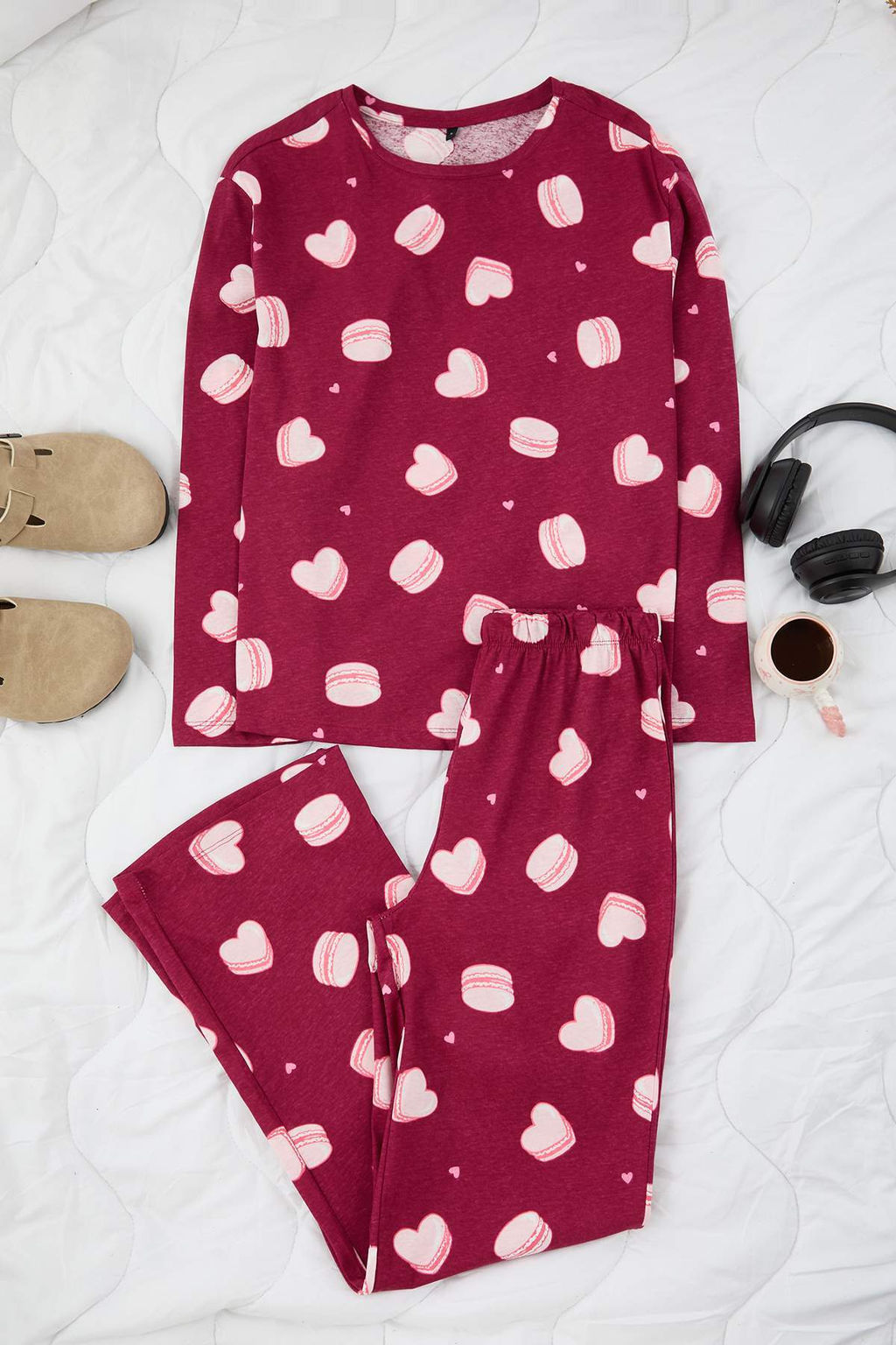 Bordo %100 Pamuk Kalp ve Makaron Desenli Orme Pijama Tak?m? THMAW26PT00160 - Trendyolmilla фото 2
