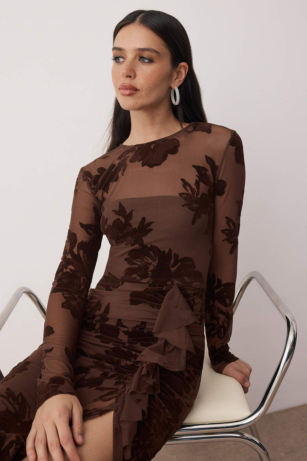 Kahverengi Flok Bask?l? Tul Astarl? Orme Midi Elbise TPRAW26EL00109 - Trendyolmilla фото 2