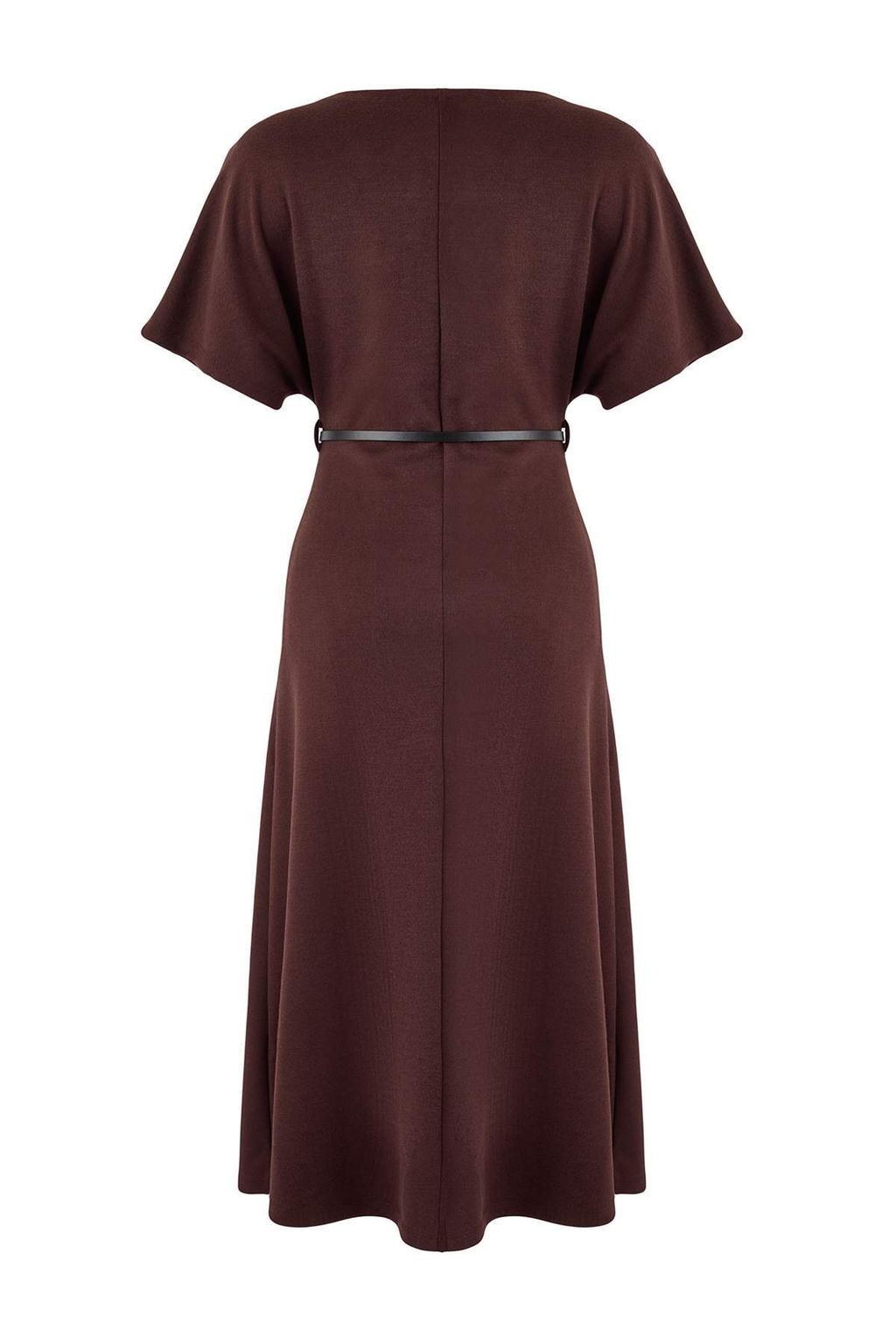 Kahverengi A-Kesim/Can Form Kay?k Yaka K?sa Kollu Kemerli Midi Interlok Orme Elbise TWOSS26EL00107 - Trendyolmilla фото 2