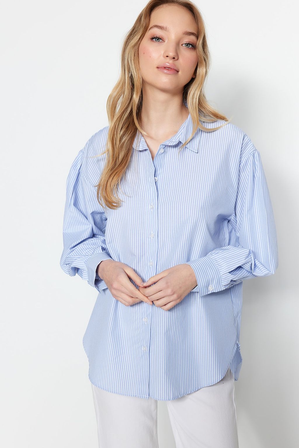 Mavi Cizgili Oversize/Genis Kal?p Dokuma Gomlek TWOSS23GO00144
