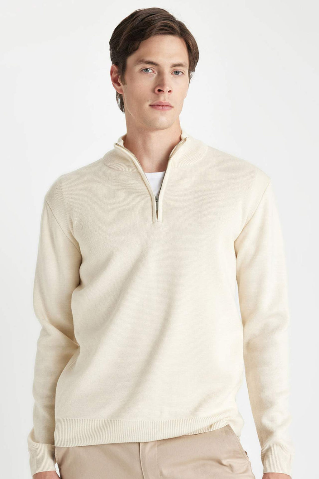 Gri Standart Fit Normal Kesim Dik Yaka Fermuarl? Basic Duz Triko Kazak - Defacto фото 5