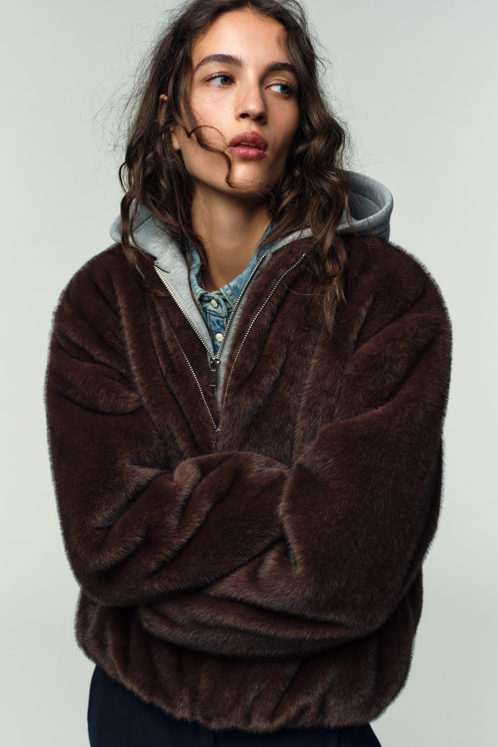 CONTRAST BOMBER JACKET WITH FAUX FUR HOODIE