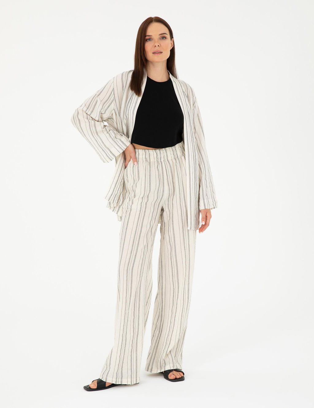 Ekru Dokulu Y_ksek Bel Loose Fit Pantolon