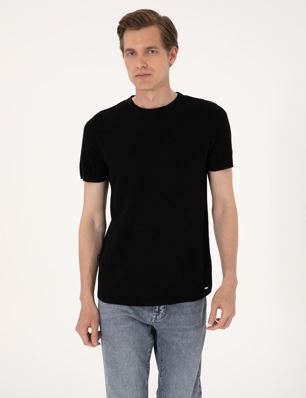 Siyah Slim Fit Keten Kar___ml_ Bisiklet Yaka Triko Ti__rt