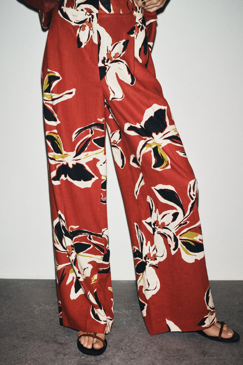 FLORAL PRINT LINEN BLEND TROUSERS - Zara фото 2