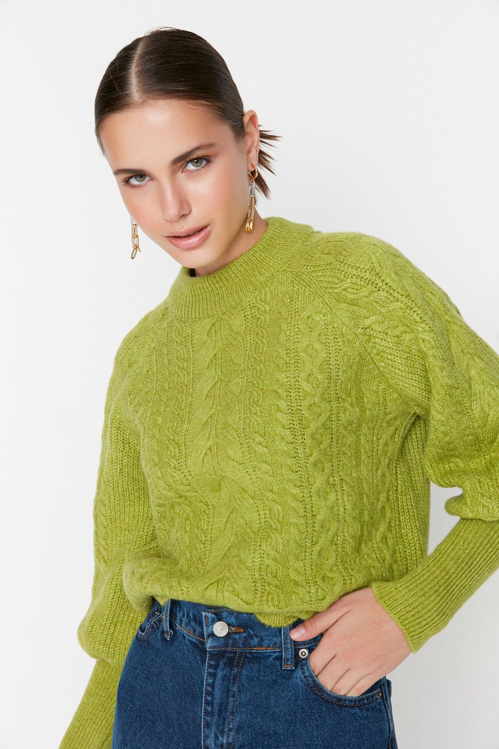 Yesil Yumusak Dokulu Sac Orgulu Triko Kazak TWOAW21KZ0109 - Trendyolmilla фото 2