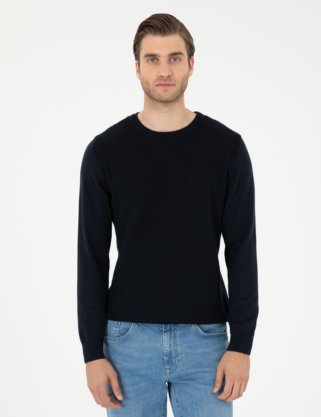 Lacivert Regular Fit Bisiklet Yaka Y_n Kar___ml_ Triko Kazak