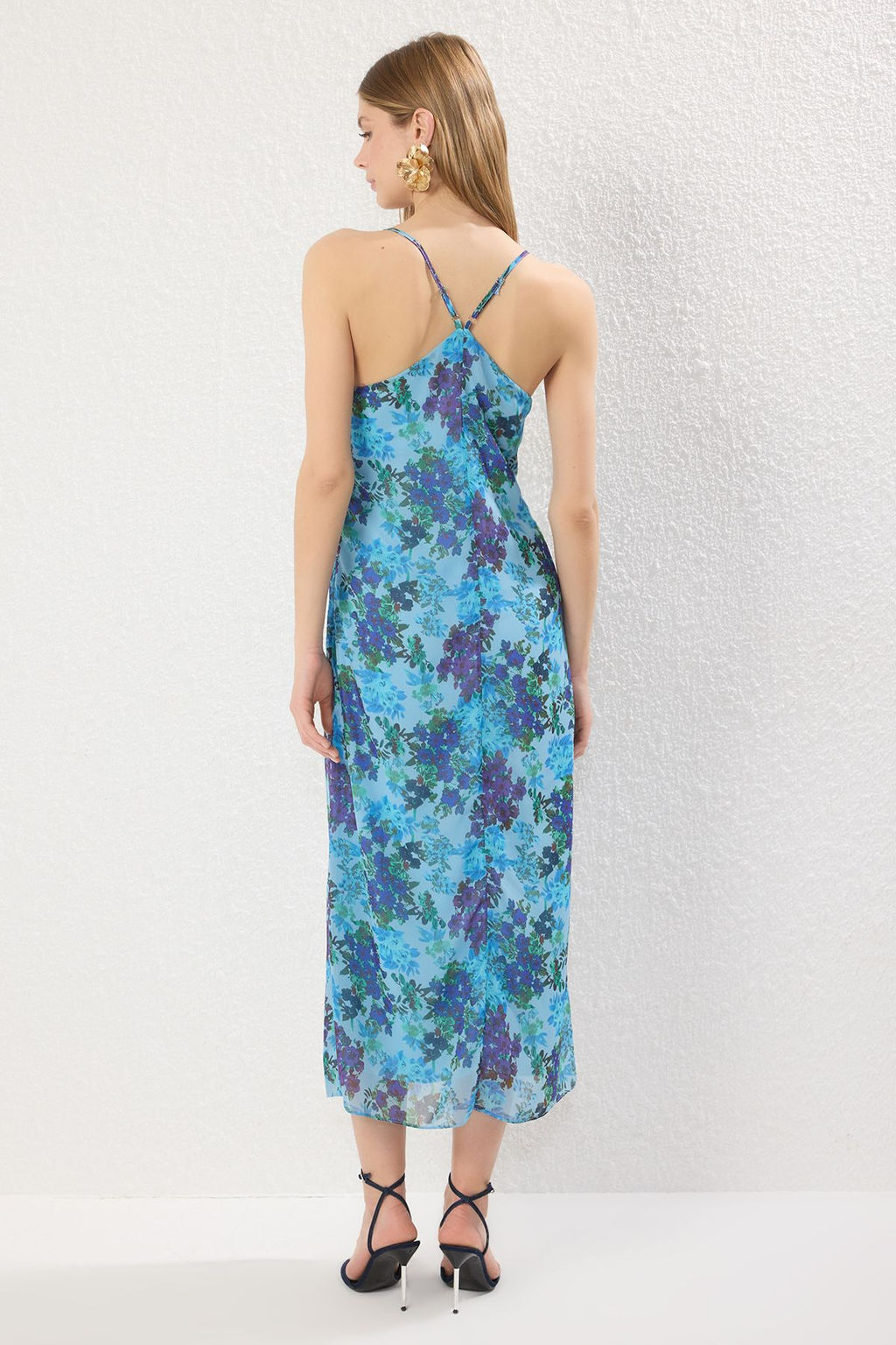 Mavi Cicekli A Kesim Maxi Dokuma Elbise TWOSS25EL00437