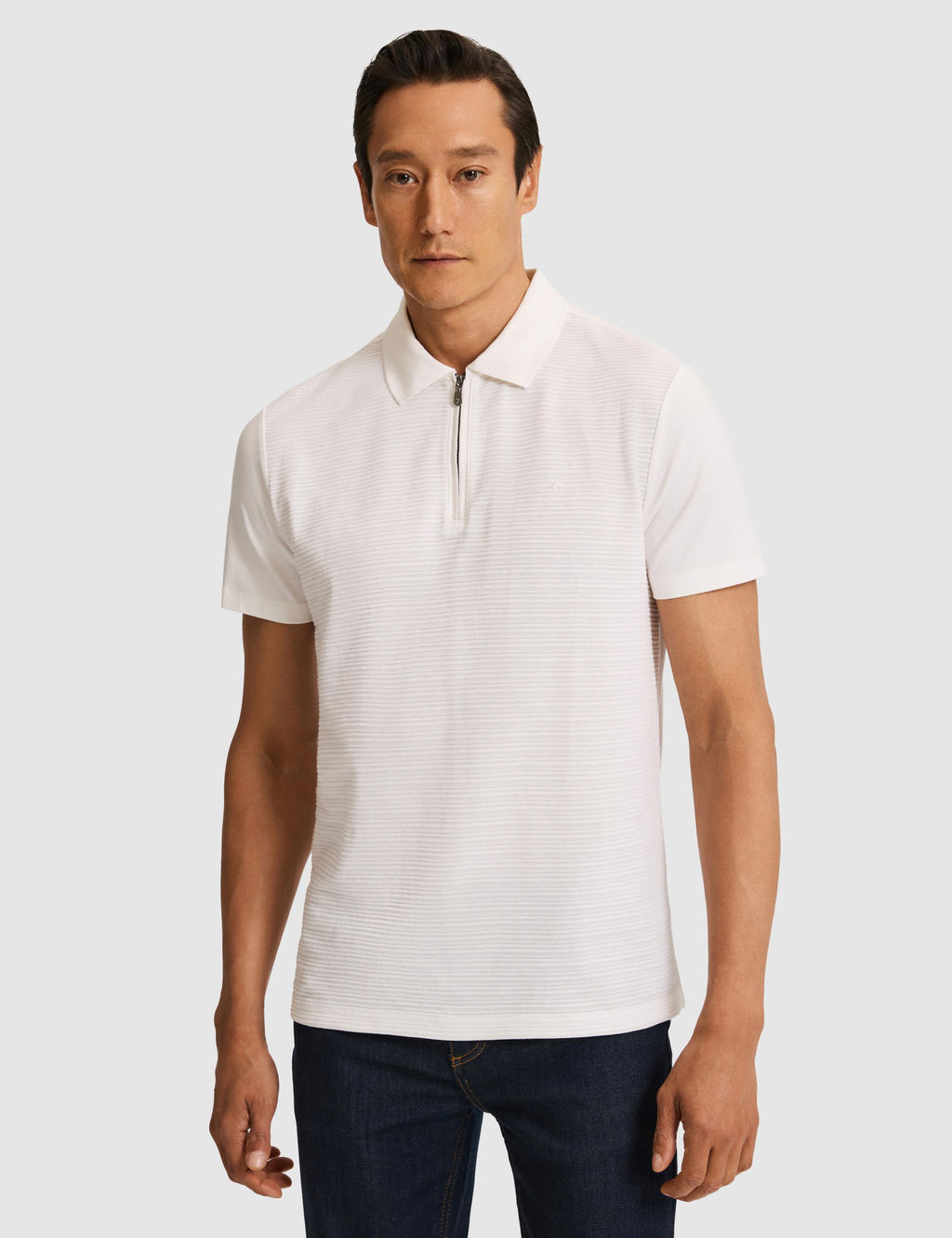Ekru Slim Fit Saf Pamuk Fermuarl_ Polo Yaka T-shirt