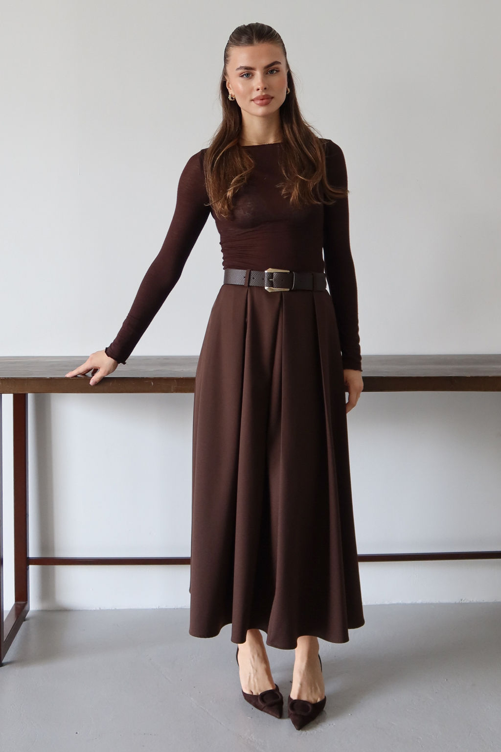 Koyu Kahverengi Kemerli Can/A-Line Dokuma Uzun Maxi Etek TWOAW26ET00168 - Trendyolmilla фото 7