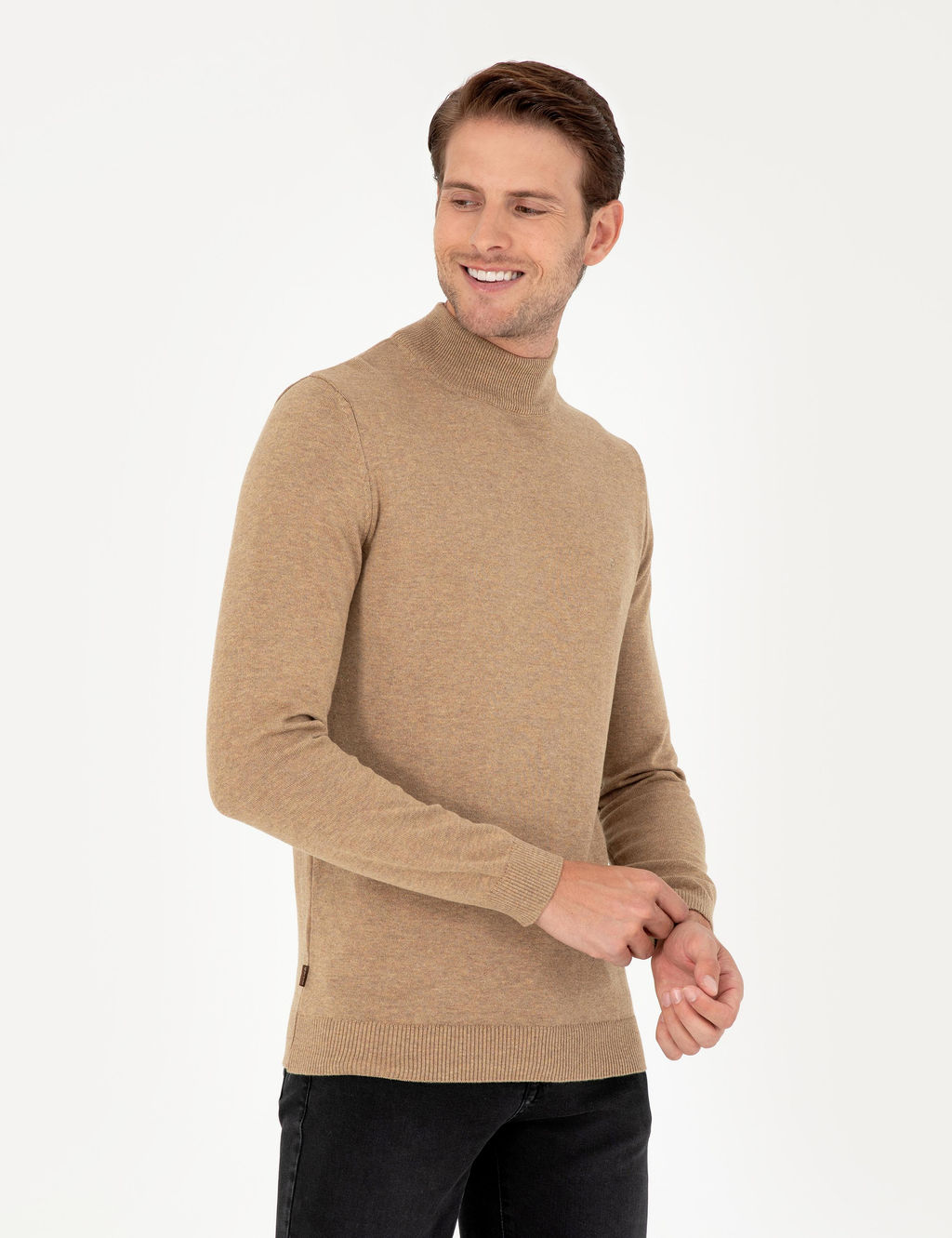 Camel Melanj Slim Fit Yar_m Bal_k__ Yaka Basic Triko Kazak