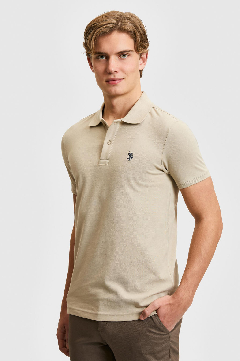 Erkek Slim Fit Polo Yaka A__k Haki Basic Ti__rt