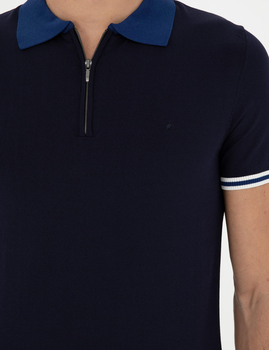 Lacivert Slim Fit Fermuarl_ Polo Yaka Triko T-shirt