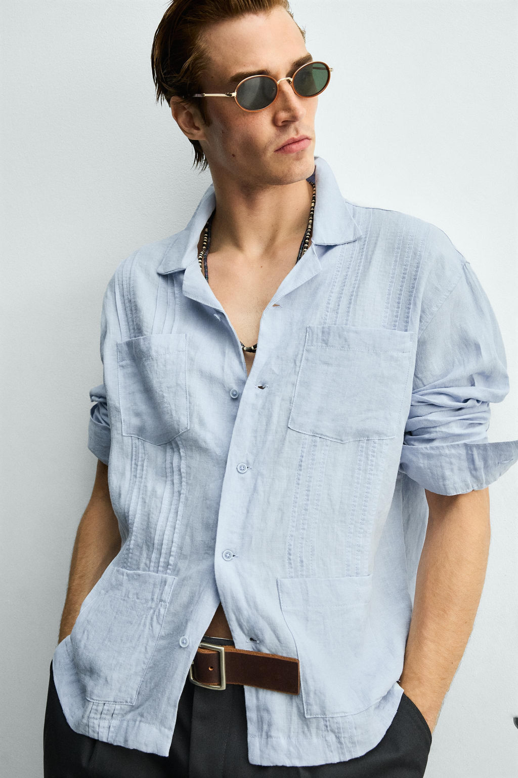 CAMISA RELAXED FIT 100% LINO PLIEGUES / Celeste