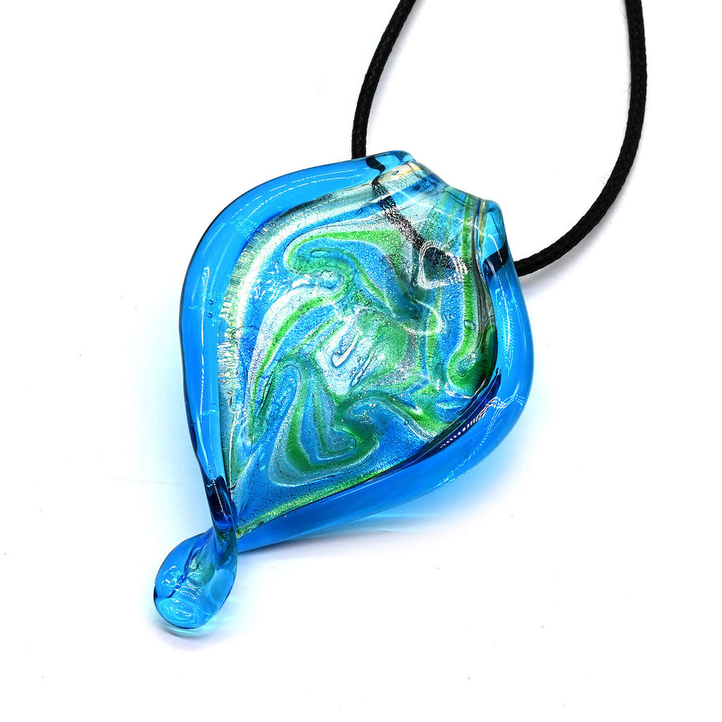 Стеклянный кулон ручной работы Лист 40*60мм цв.голубой