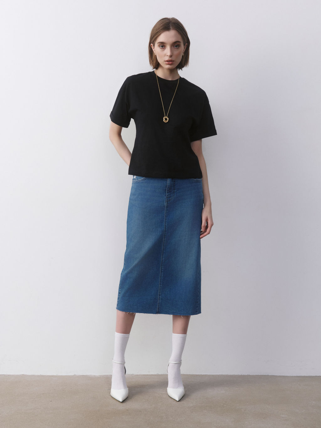 CONTE CON-633 Джинсовая юбка-midi с разрезом и необработанным краем blue