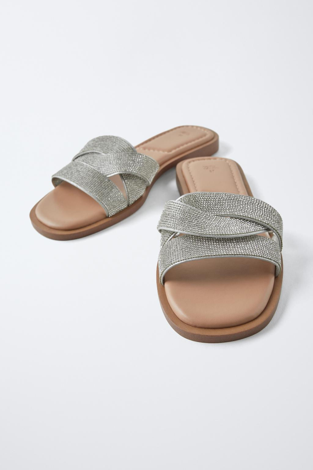 FLAT SLIDER SANDALS WITH RHINESTONE STRAPS - Zara фото 3
